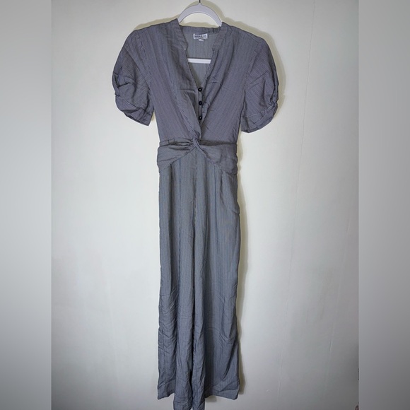 EUC Anthropologie Current Air That's A Wrap pinstrip jumpsuit SMALL‎ puff sleeve - Picture 4 of 11